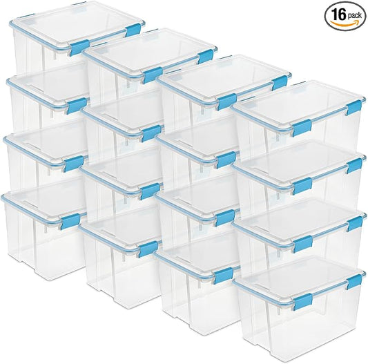Sterilite 16-Pack Gasket Box, Weather-Resistant Storage Bins with Latching Lids, 54 Quart - Heavy-Duty Organizing Containers for Closet, Bathroom, and Office