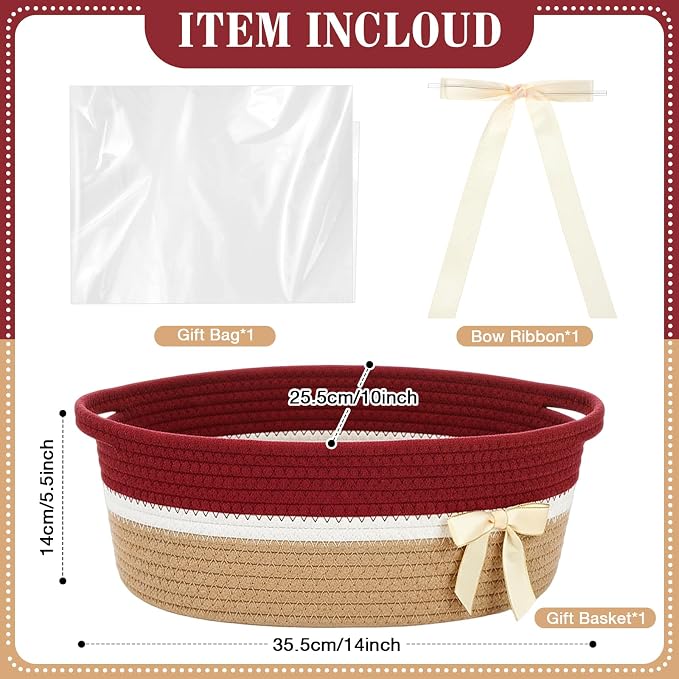 Colingmill 1 Set Woven Empty Basket for Gift,Brick Red Khaki | with Cellophane Wrap Set, 14 x 10 x 5.5 Inch, Medium Decorative Gift Basket, Cotton Rope Storage Box, Home Decor