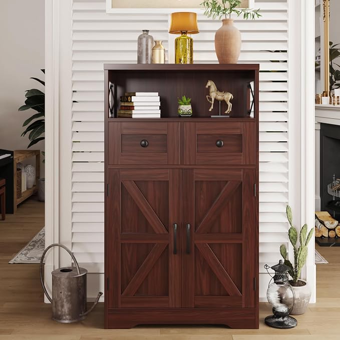 Farmhouse Accent Storage Cabinet with Drawers, Small Kitchen Pantry Cabinet | Coffee Bar Cabinet Cupboard, 2 Storage Drawers, 2 Barn Doors & Adjustable Shelves, for Kitchen/Entryway/Living Room/Bathroom