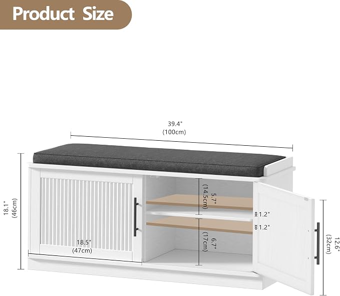 Akxomel 39.4" Fluted Shoe Storage Bench 2 Doors Wooden Entryway Bench White | 2 Tier Shoe Bench with Padded Cushion, Adjustable Shelves and 2 Doors, Curved Profile, for Hallway, Living Room, Bedroom
