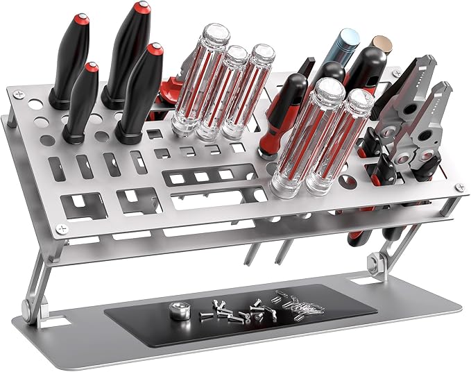 Screwdriver Organizer Holder Rack: Height Adjustable (Silver) | Angle Adjustable Screwdriver Storage for Desktop - Carbon Steel Tool Shelf for rc Repair, Plier