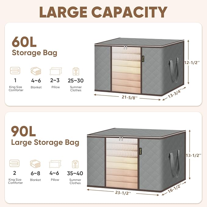 BALEINE 8 Pack Clothes Storage Bags, 16 Gallon Storage Containers with Reinforced Handle, Sturdy Zipper, Closet Organizer for Blanket, Comforter, Pillow, Bedding (Grey, 8 Pack)