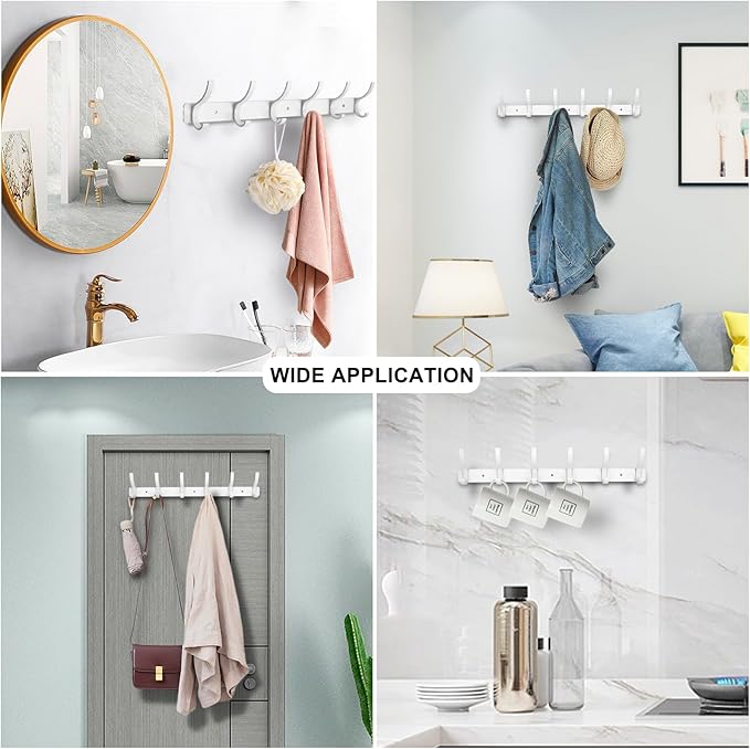 Coat Rack Wall Mounted,6 Coat Hooks for Hanging Coats,Heavy Duty Metal Double Hook Rack Hook Rail,Coat Rack with Hooks,Wall Mount Coat Hanger for Hat Towel Purse Robes (2 Pack White, 6 Hooks)