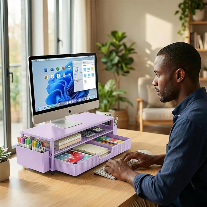 ECOLOVI Desk Organizer and Accessories, 2-Tier Computer Monitor Stand Rise with Storage Drawer & 2 Pen Holders, Laptop & Printer Stand for Desktop, Workspace Organizers for Office Supplies (Purple)