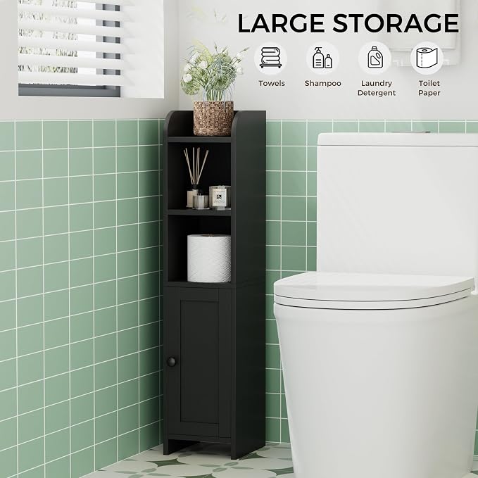 Homhedy Small Bathroom Storage Cabinet, Narrow Toilet Paper Cabinet | Corner Floor Cabinet with Door and Shelves, Slim Bathroom Cabinet for Small Spaces, 7.9" D x 7.1" W x 31" H, Black