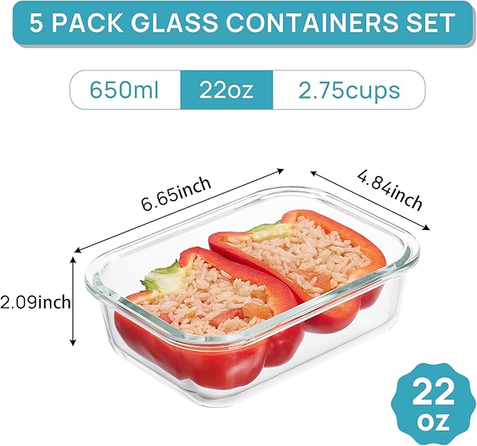 Vtopmart 5Pack 22oz Glass Storage Containers with Lids, Pink | Glass Meal Prep Food Container Sets, Snap Airtight Lid, For Microwave, Oven, Freezer and Dishwasher, BPA Free