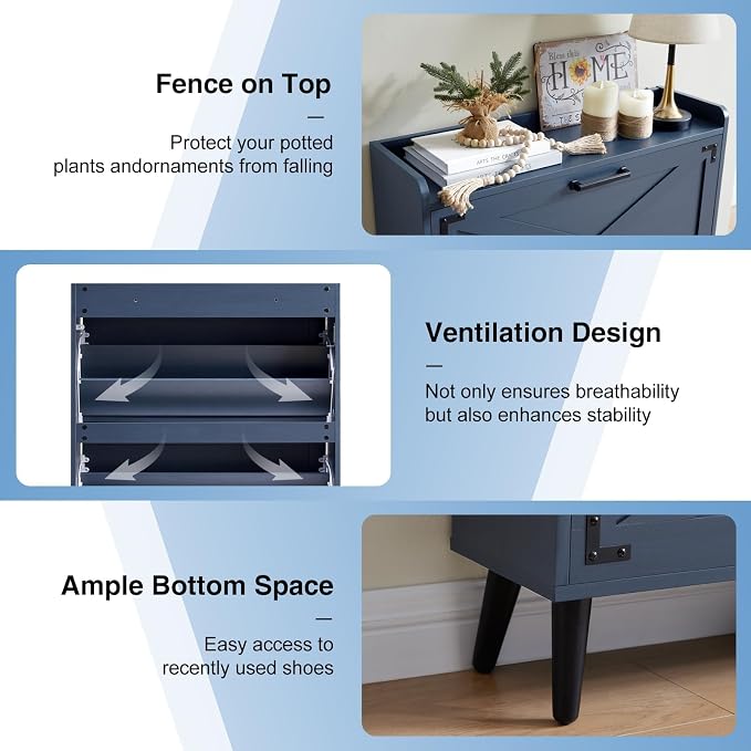 Barnyatoh Farmhouse Shoe Storage Cabinet with 2 Flip Drawers & Barn Door | Freestanding Hidden Slim Narrow Shoe Rack, Adjustable Shelves,Wood Shoes Organizer for Entryway, Foyer, Hallway,Navy Blue