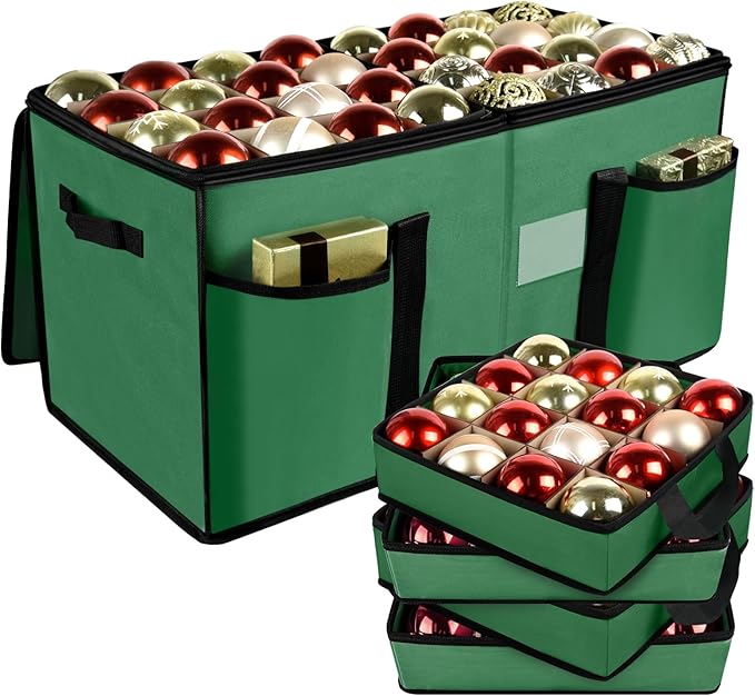 Christmas Ornament Storage Box with Dividers, Holds 128 Balls, Green | 600D Oxford Fabric, Adjustable Dividers, Removable Trays, Dual Zippers, Reinforced Handles