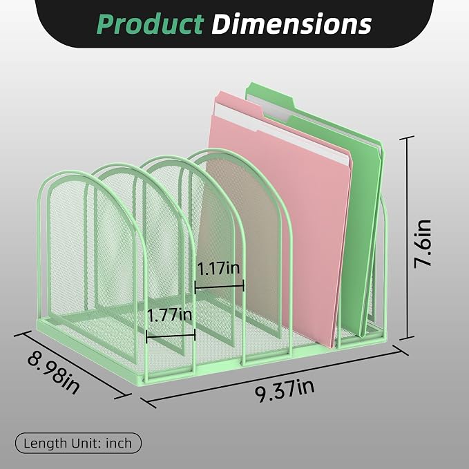 5-Section File Organizer for Desk, Metal File Folder Holder, Mint Green | 5 Vertical Compartments with Sturdy Metal Base for Office Documents Books Magazines and Laptop