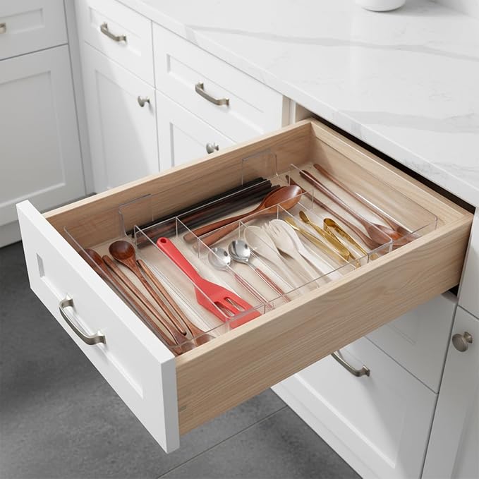 2 Pcs Large Expandable Desk Drawer Organizer, Adjustable Drawer Dividers Tray with Compartments for Organizing Pens, Pencils, Paper Clips and Sticky Notes, Office, Kitchen, Desk Supplies