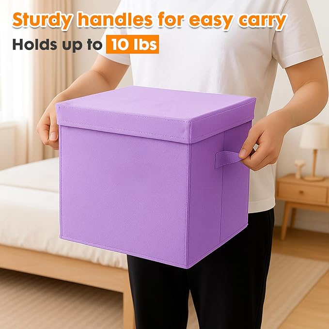 ShellKingdom Storage Bins, Foldable Fabric Storage Cube with Lid for Closet | Clothes Storage Organizer Drawer For Closet Toys Storage, 13 X 13 X 13 INCH, 2 Pack (Lavender)