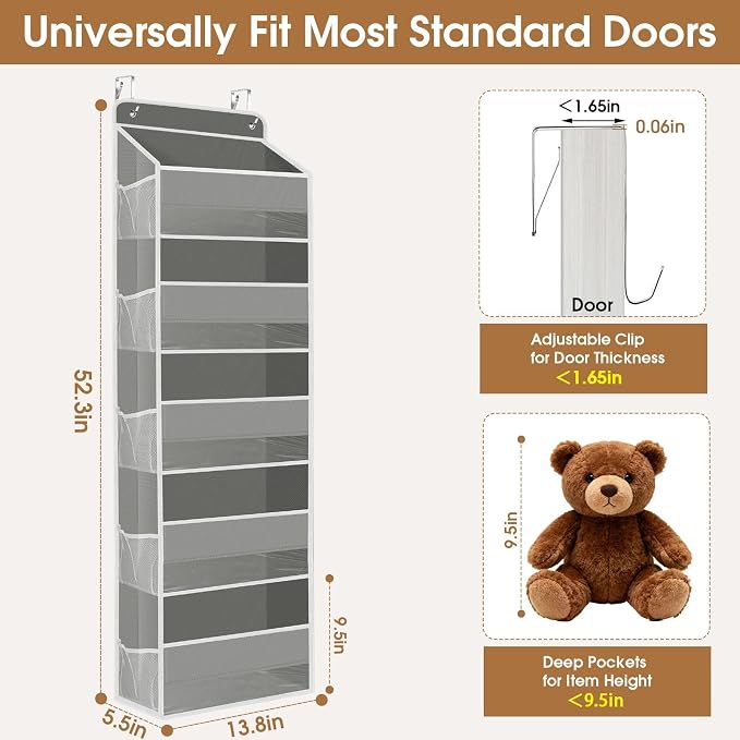 Over The Door Organizer Storage behind Door Hanging Organizer for Nursery | 5 Tier, 10 Side Pockets, Clear Window, Sturdy Construction, Space-Saving Storage for Closet, Bedroom, Bathroom & Nursery