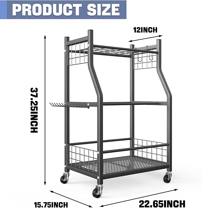 WALMANN Garden Tool Organizer with Wheels for Garage, Rakes/Shovels/Yard Tools Storage Stand for Garden, Shed, Indoor/Outdoor Long-Handled Tools Rolling Cart