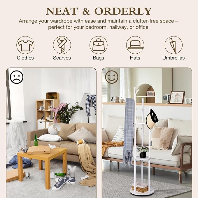 Wood Coat Rack Freestanding Rotary Coat tree with 3 Shelves and 9 Hooks | Heavy Duty Coat Rack Coat Hanger Stand for Entryway, Bedroom, Living Room – Holds Jackets, Coats, Hats, Bags (White)