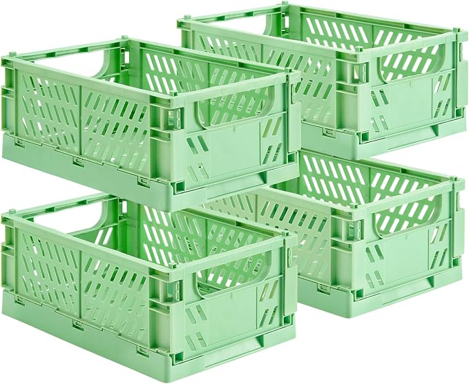 HUUSMOT 4-Pack Collapsible Plastic Storage Baskets, Green, 9.8"x6.5"x3.8" | Pastel, Space-Saving, Collapsible Plastic Bins, Cute Mini Storage Crates, for Classroom, Kitchen, Office, Bedroom