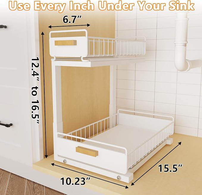 2 Pack Under Sink Organizer with Ball Bearing Sliding Drawer, Heavy Duty Pull Out Cabinet Organizer, 2 Tier Adjustable Storage Rack for Kitchen Bathroom, Space Saving Design, White