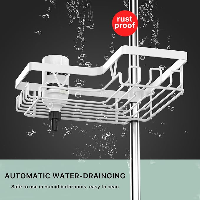 KEGII Corner Shower Caddy Tension Pole, Bathroom Storage, Matte White | 4-Tier Rustproof Steel Design with Soap Holder and Razor Rack, No Drill Space-Saving Storage for Shampoo and Towels