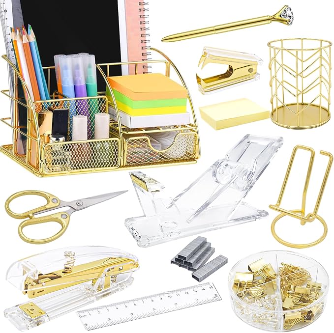 Gold Desk Organizers,Desk Accessories,Office Supplies Set,13PS Set with Acrylic Stapler,Tape Dispenser,Staple Remover,Pen Holder,Clips,Scissor, Phone Holder,Pen