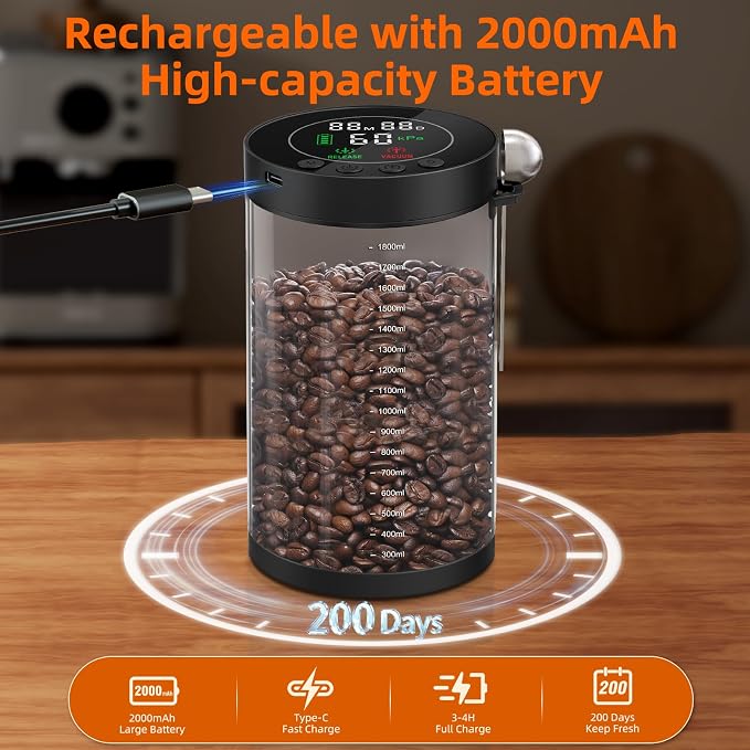 Electric Vacuum Coffee Canister, 2.0L Glass Airtight Food Storage Container | with Smart Pressure Sensor, Automatic Coffee Bean Container Rechargeable with LED Display Window for Kitchen Food Storage