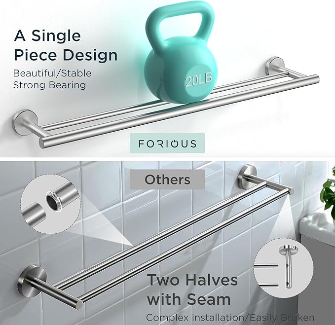 FORIOUS Double Towel Bar 24" Towel Racks for Bathroom Wall Brushed Nickel | Total Length 26 Inch, Rustproof, Stainless Steel Towel Holder, Wall Mounted for Bathroom Bedroom, Heavy Duty, Space Saving