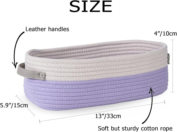 2 Pack Small Cotton Rope Woven Basket Toilet Paper Baskets for Organizing Decorative Baskets for Boho Decor Small Storage Basket 13"x5.9"x4" Purple