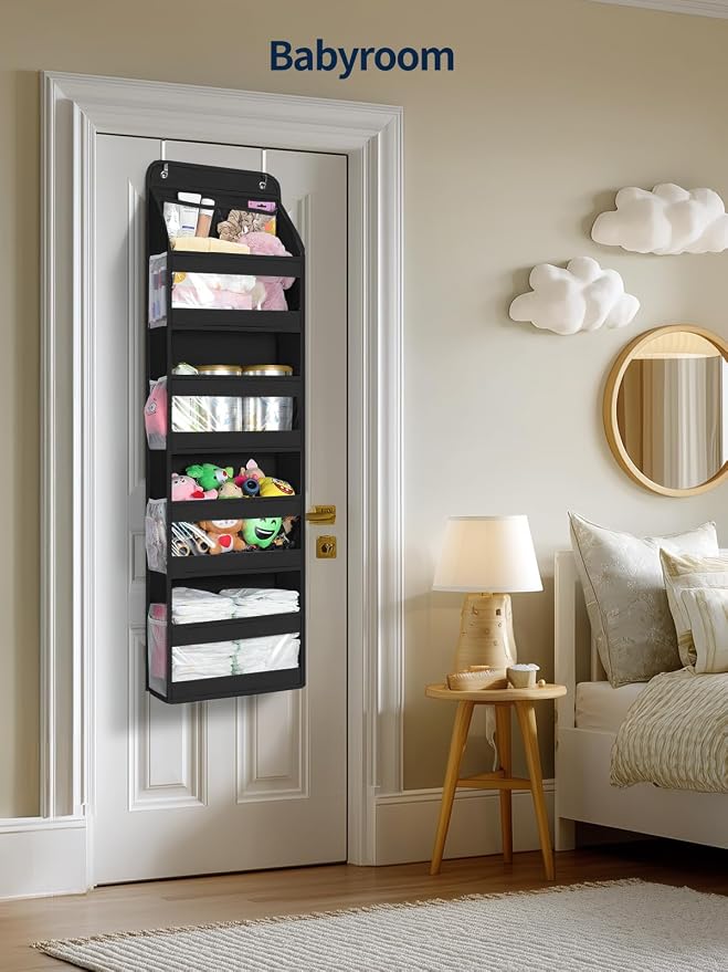 Yecaye 5 Tier Over the Door Organizer, Swing-proof Door Organizer Hanging with Clear PVC Windows, Behind the Door Storage for Bedroom Nursery Closet Laundry Pantry Bathroom, Black