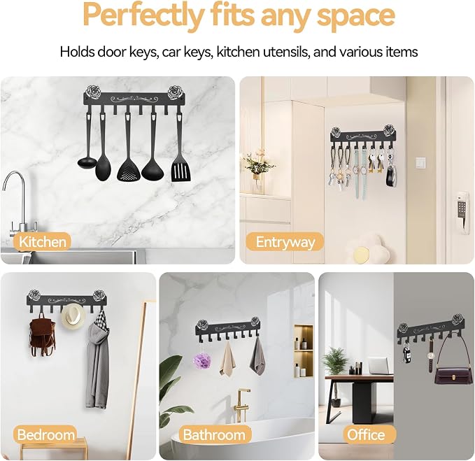 Key Holder Wall Mount with 8 Key Hooks for Wall, Adhesive or Drill | Dual Installation: Wall Key Holder, Modern Key Organizer Wall Mount Key Rack for Entryway, Kitchen, Hallway, RV Decor (Large)