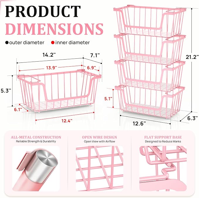 SUNALLY Stackable Storage Bins 4 Pcs Wire Baskets Freezer Organizer, Pink | Pantry Organizers Storage, Vegetable Fruit Storage Basket for Countertop, Kitchen Baskets for Onion Potato Snack Cans Storage