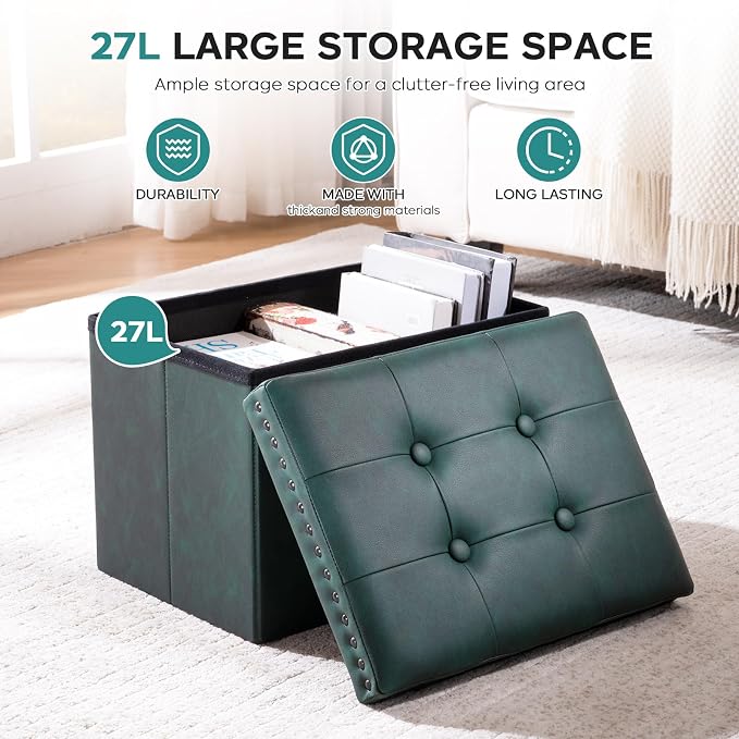 oakvivo Small 16 x 12 x12 Inches Folding Storage Ottoman, Faux Leather Foot Rest Stool with Rivet Design, Ottoman with Storage Vanity Stool Coffee Table for Living Room, Bedroom, Load 242 lbs, Green
