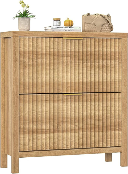 Fluted Shoe Cabinet Storage with 2 Flip Drawers for Entryway, Hallway | Narrow Shoe Rack Freestanding Shoe Organizer with Legs for Entryway，Hallway, Oak