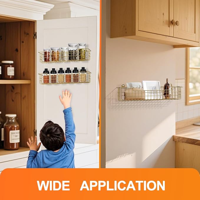 Spice Rack, 4-Pack Seasoning Organizer Wall Mount for Kitchen Storage Organization, Spice Holder Shelf Saving Space for Cabinet, RV, Pantry, Gold