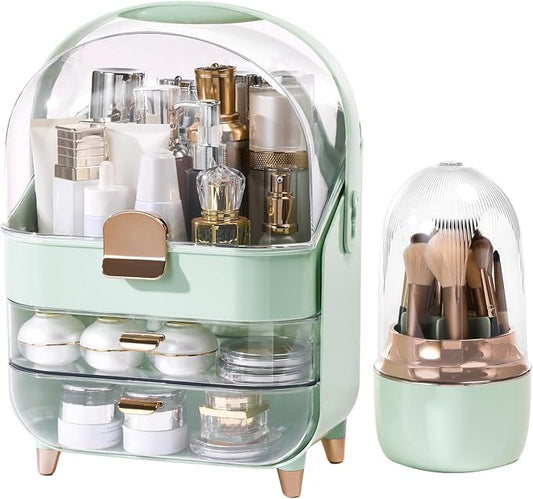 Makeup Organizer for Vanity with Brush Holder, Lid and 2 Drawers, Green | Large Capacity Bathroom Counter Organizer for Skincare, Cosmetic Storage, Dustproof, Waterproof, Teen Girl Gifts