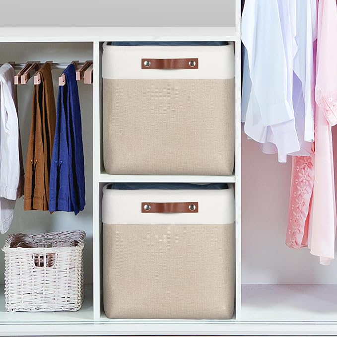 Univivi Fabric Cube Storage Baskets for Shelves 13 Inch,Khaki,4 Pack | Large Capacity,Metal Frame,Hard Cardboard Bottom,Foldable,Linen Closet Baskets with PU Handles