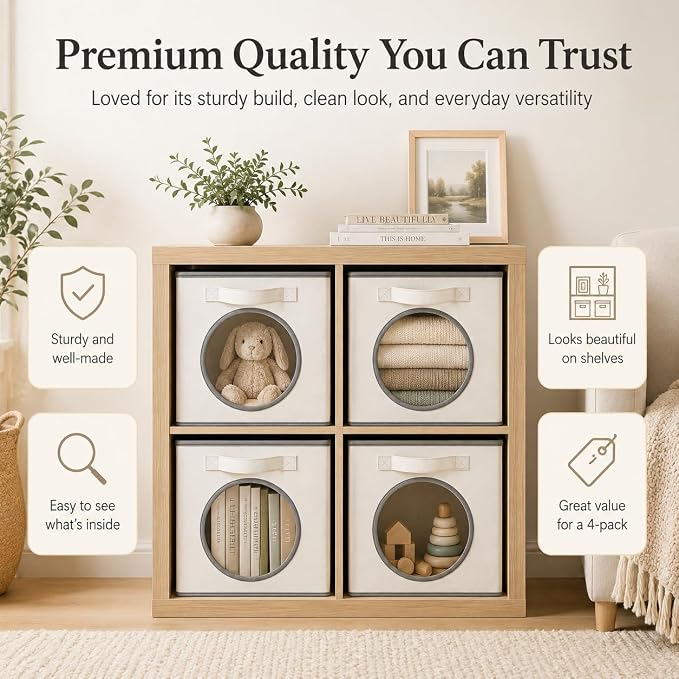 Fabric Storage Cubes with Mesh Window, 11'' Cube Storage Bin, Ivory, 4 Pack | See through Round window, Foldable Odor-Free & Sturdy PP Structure, Cubby Baskets for Closet, Shelves, Bedroom and Offices