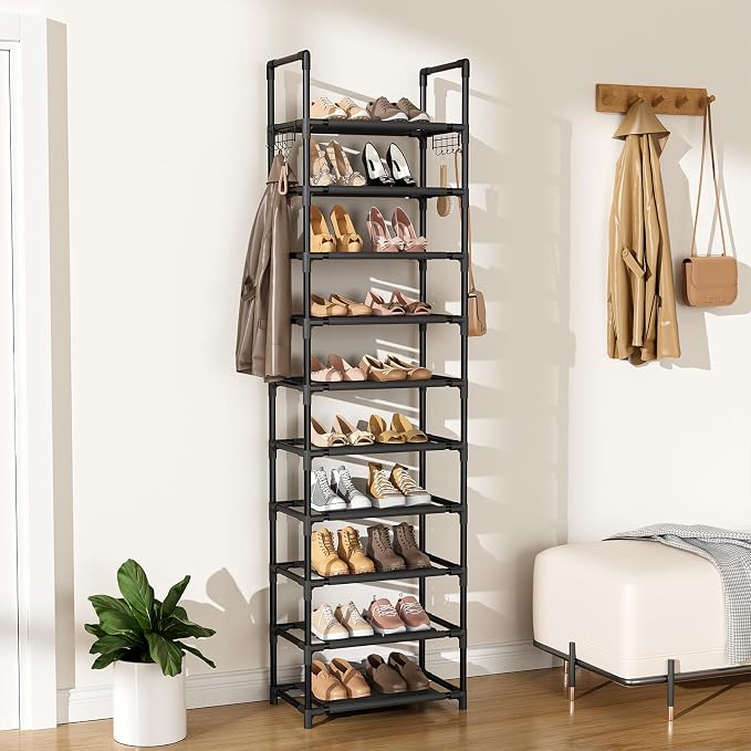 LANTEFUL 10 Tiers Shoe Rack 25 Pairs Large Capacity Tall Shoe Organizer Sturdy Shoe Storage with Two Hooks Space Saving Metal Narrow Shoe Rack for Closet, Entryway, Bedroom, Black