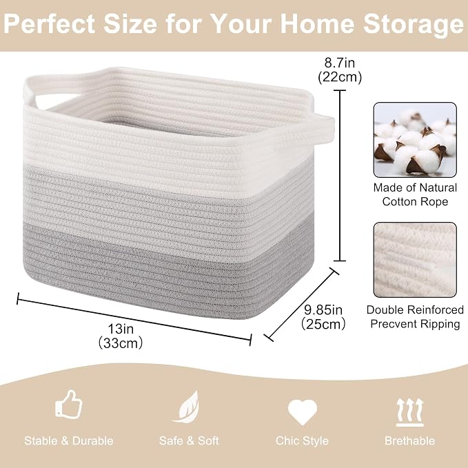 OIASKET Storage Baskets for Organizing, Woven Baskets for Shelves, Rectangle Decorative Organizer for Storage Clothes, Toy, Books, Towels Nursery Bins 3 Pack (Gradient Grey, 13"x9.85"x8.7")