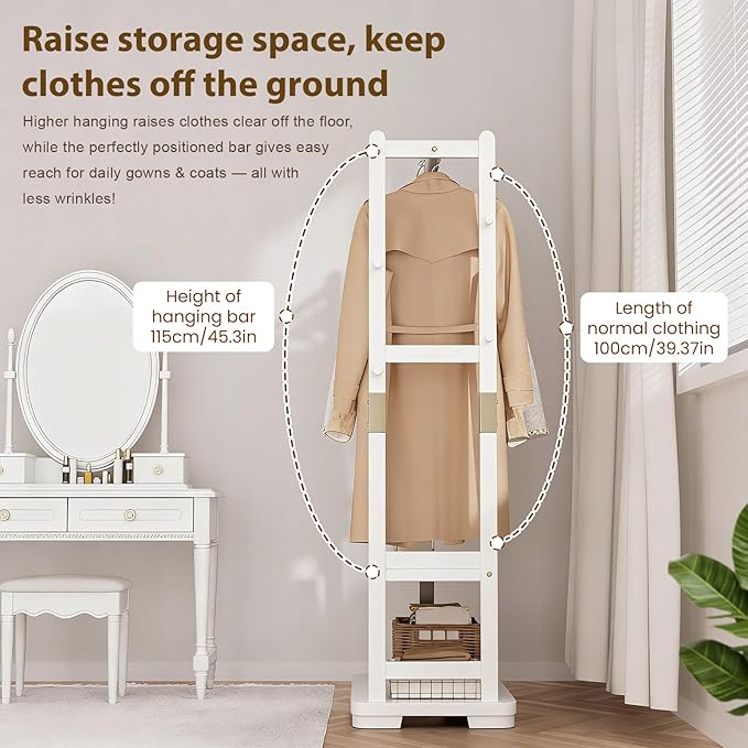 Solid Wood Clothes Rack with 2 Shelves & 4 Hooks for Hanging Clothes Garment Wallets Hats, White Clothing Rack Heavy Duty Coat Rack Freestanding with Storage Hall Tree for Hallway Bedroom Living Room | Hallway bedroom living room, durable wood construc...