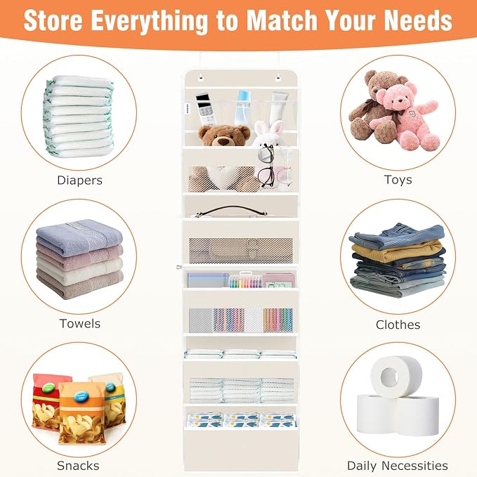 Over The Door Organizer Storage Large Capacity Hanging Bedroom Storage | 6 Shelves, Detachable, 40 LB Capacity, Mesh Design, Clear Window, Sturdy, Storage Organizer for Nursery, Pantry & Closet