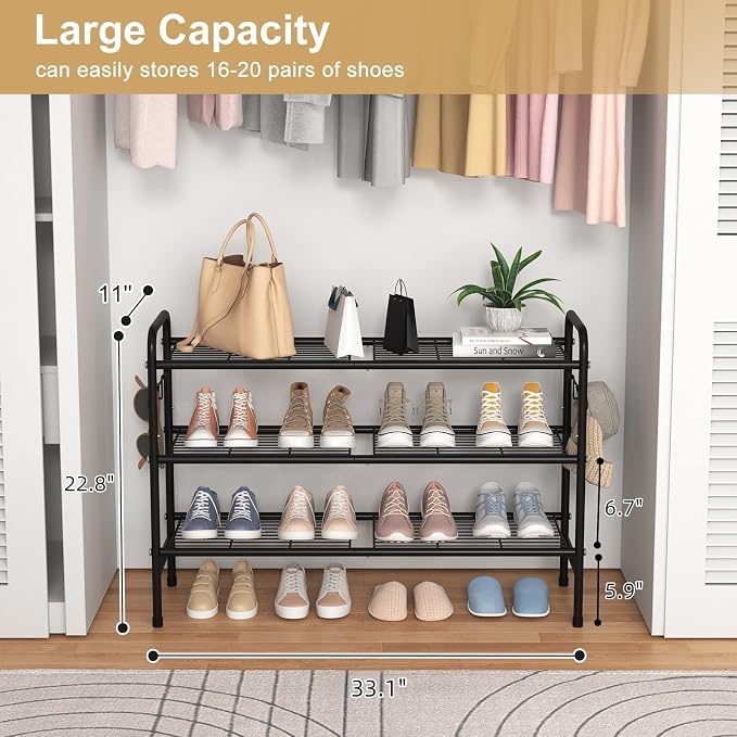 VILICK 3 Tier Shoe Rack 33" Wide Metal Shoe Organizer, Black | Long Shoe Storage, 4 Side Hooks, Sturdy Shoes Shelf, For Front Door Entrance, Closet, Garage, Dorm
