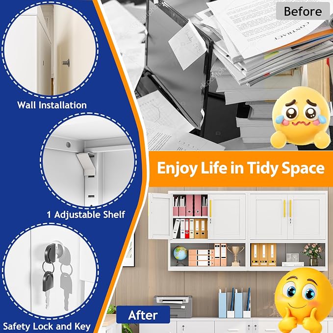 GAIOUS Metal Garage Wall Cabinet with Lock, Wall Mounted Steel Tool Cabinet | with Door and Shelf, Medicine Cabinet with Open Area, Hanging Cabinet for Garage Warehouse Bathroom Kitchen, White