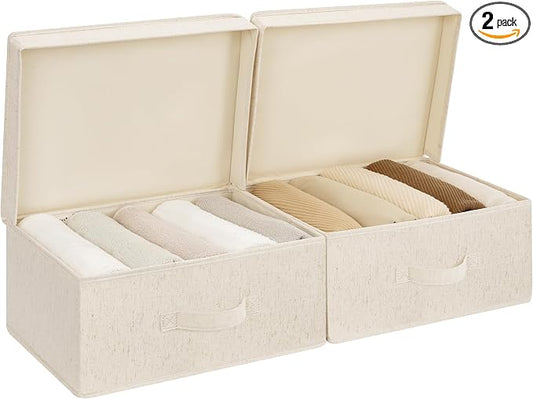 StorageWorks Storage Bins with Lid, Decorative Fabric Storage Bins with Handles, Stackable Closet Organizers for Shelves and Bedroom, Small, Beige(Natural Fabric), 2-Pack