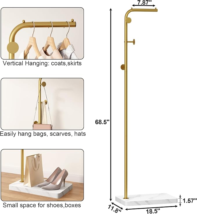 HOMEFORT Metal Coat Rack, Modern Coat Tree with 3 Hooks, L Shaped Coat Hanger Stand, Freestanding Coat Rack for Entryway and Corner, Gold