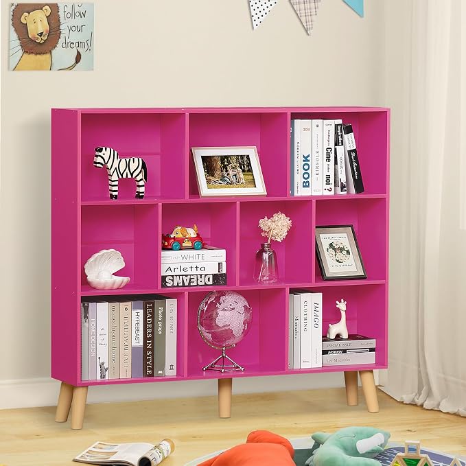 LEYAOYAO 10 Cube Bookshelf, Mid-Century Modern Book Shelf with Legs, Pink | 3 Tier Bookcase, Rustic Wood Bookshelves Freestanding Large Storage Organizer, Open Shelves for Bedroom, Living Room, Office