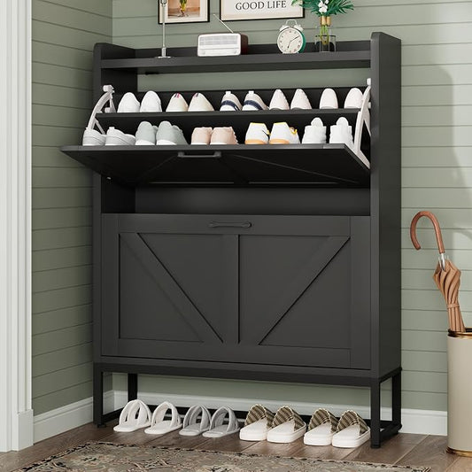 GRUSIGN Shoe Cabinet, Shoe Storage Cabinet with 2 Flip Drawers & Adjustable Shelf, Space-Saving Shoe Organizer – Holds 16+ Pairs, Narrow Shoe Cabinet Storage for Entryway/Hallway（Black）