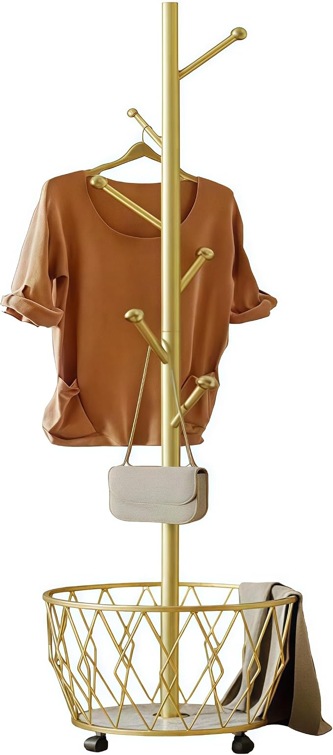 Gold Moveable Tree Metal Coat Rack with Basket Freestanding 65" | Organizer for Scarf Jacket Hat Bags Ideal for Home Entryway Bedroom Corner Stable