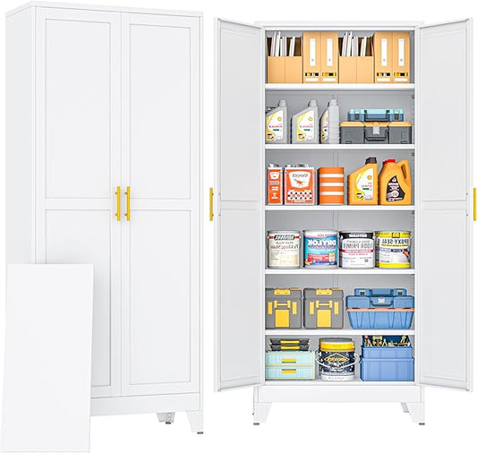 PAOFIN 75" Metal Storage Cabinet with 2 Doors and 5 Adjustable Shelves,White Metal Garage Storage Cabinets, File Cabinet,Steel Tool Cabinets for Home,Office,Garage,School,Warehouse