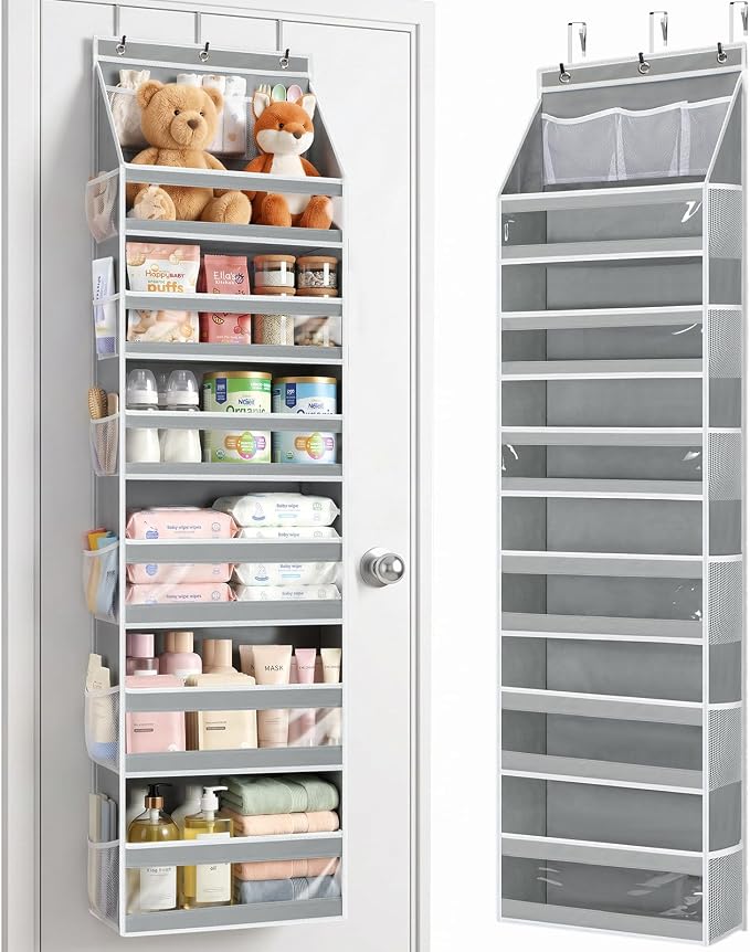 Yecaye 7 Tier Over the Door Organizer, Large Capacity Door Organizer Hanging with Clear PVC Windows, Behind the Door Storage for Bedroom Nursery Closet Laundry Pantry Bathroom, Grey