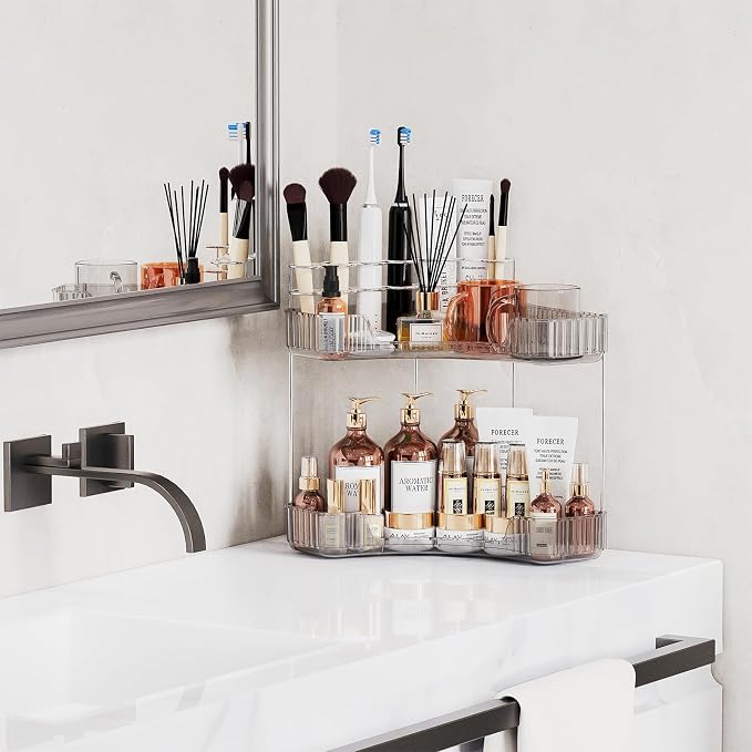 Asayuee 2-Tier Corner Bathroom Counter Organizer with Top Toothbrush Holders,Large Makeup Organizer Countertop with Brush Holder,Skincare Organizers Corner,Exquisite Vanity Organizer (Gray, 2 Tier)