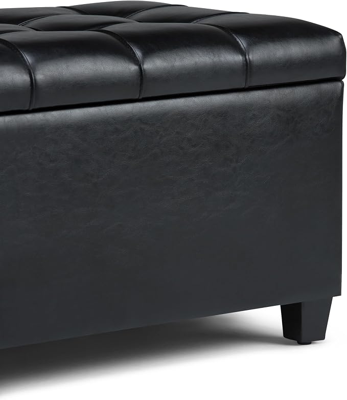 SIMPLIHOME Avalon 35" Wide Velvet Square Storage Ottoman in Blue | Transitional ottoman with tufting and lift-up lid; rectangle storage bench for living room or entryway.