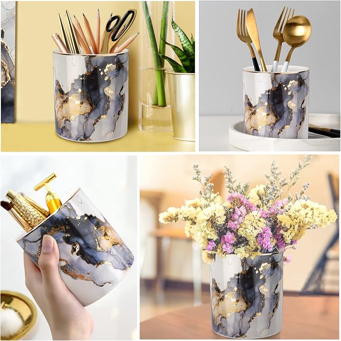 Marble Pencil Holder, Durable Ceramic Desk Organizer Office Supplies,Desktop Stationary Organizer,Multi-Functional Pencil Storage for Desktop Accessories,Office,Classroom,Home,Gray Gold